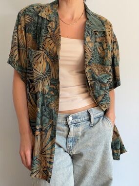 Ellen Tracy Silk Tropical Leaf Button-Up Shirt - Green & Tan
